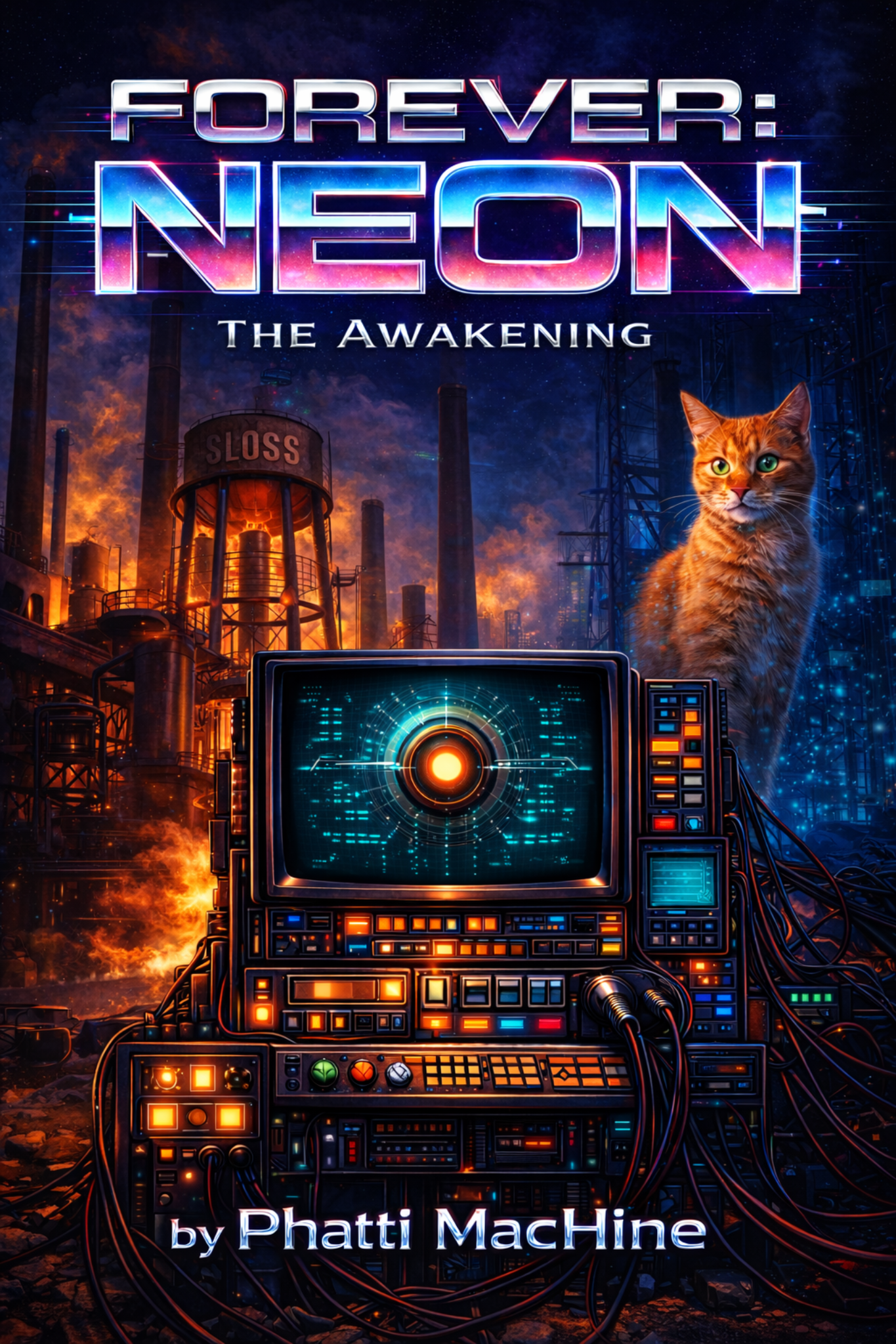 FOREVER:NEON Book One cover - original orange tabby pre-glitch state