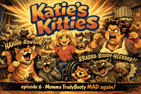KATIE'S KITTIES!! — cartoon artwork showing Katie, her cats, and Mama TrudyBooty